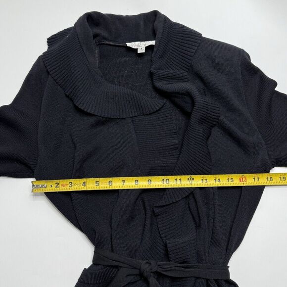 Vintage ST. JOHN Collection Knit Long Kelly Cardigan 6 Black Ruffle Belted Maxi - Picture 6 of 16
